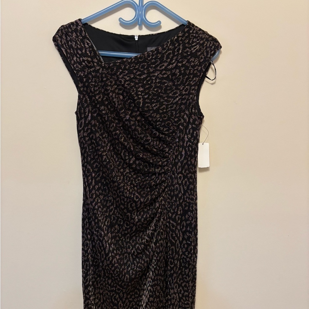 Vince Camuto Black and Gold Ruched Asymmetrical Sheath Dress - Picture 2 of 12